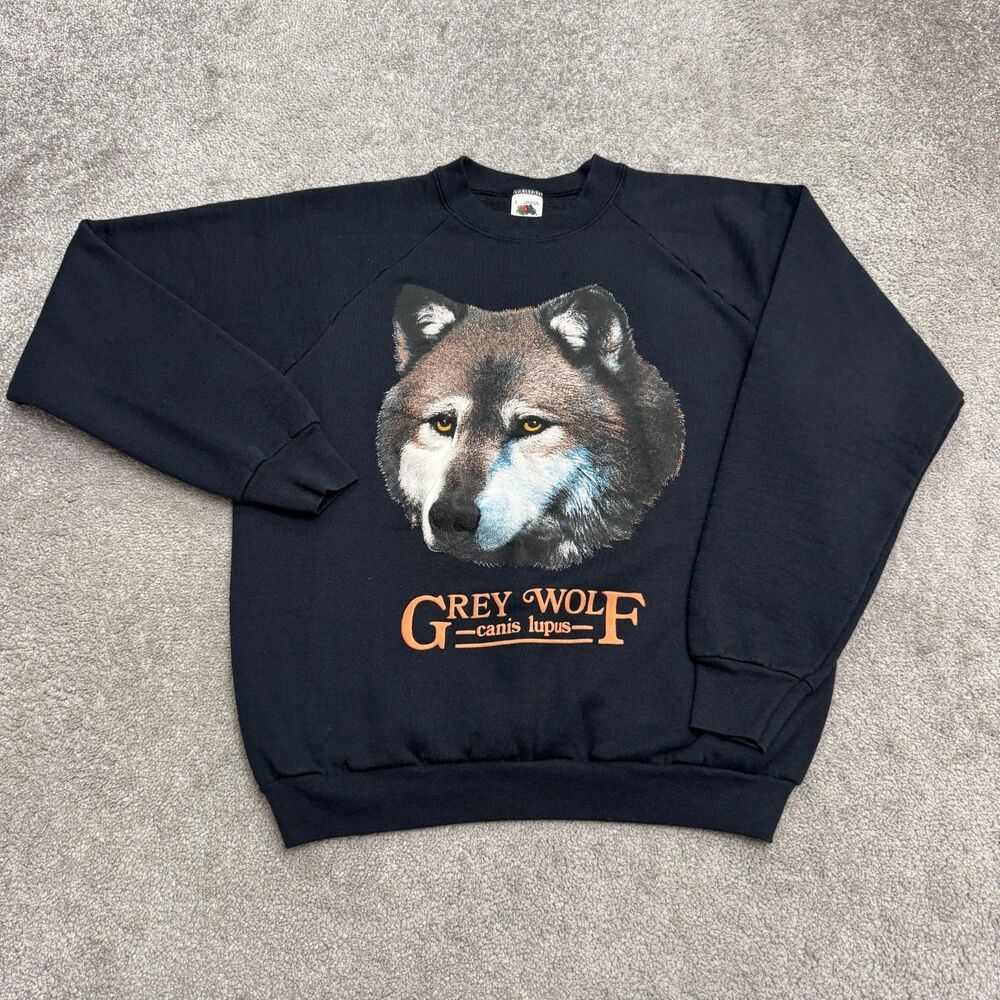 Vintage Fruit of the Loom Grey Wolf Canis Lupus Crewneck Sweatshirt Mens L Black